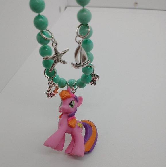 Necklace Beachberry My Little Pony OOAK Handmade Beaded Sea Blue Silver Charms - Picture 2 of 8